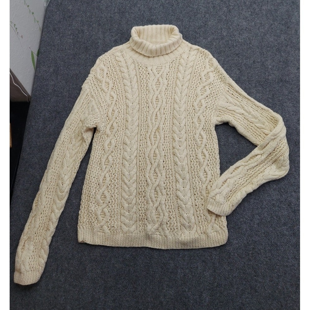 Yorkshire Knitting Sweater‎ Womens Large Beige Fishermans Turtleneck Cable Knit